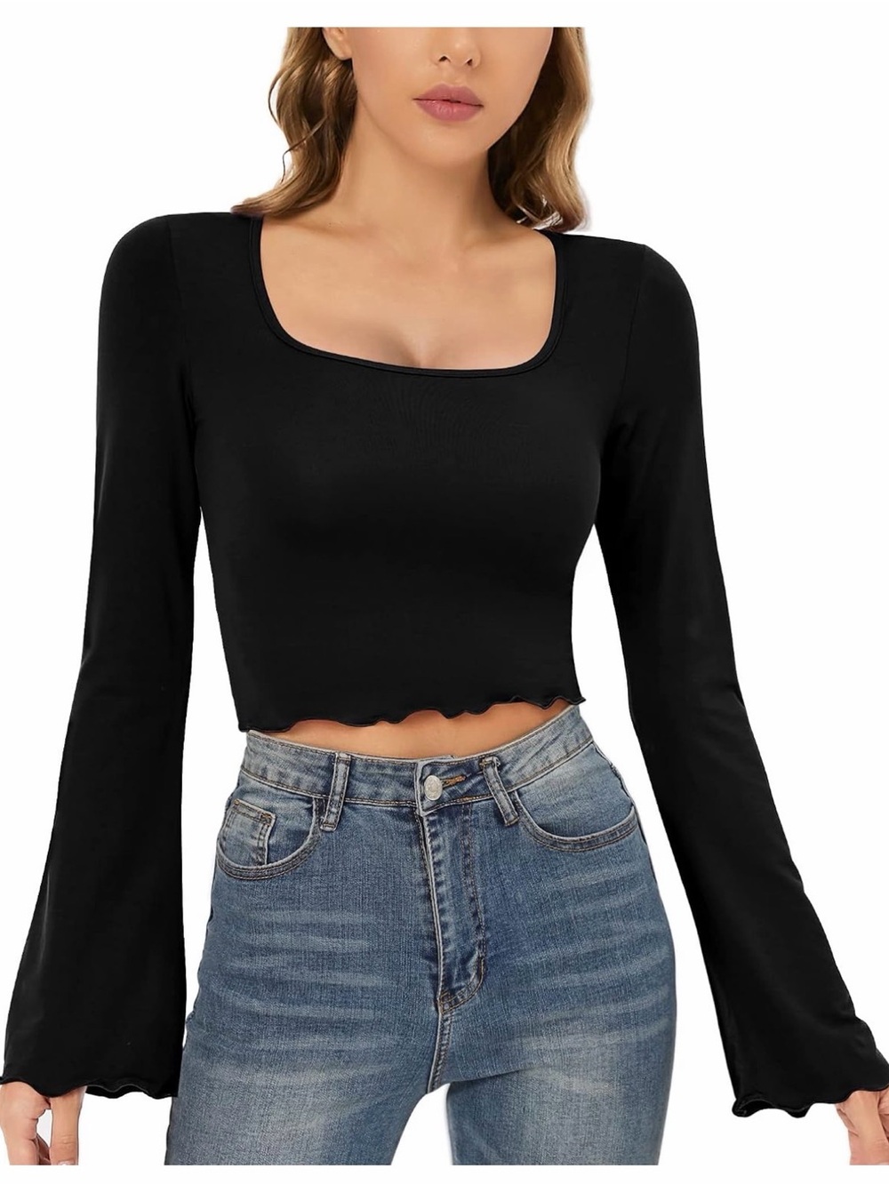 Women's Black Long-Sleeve Square Neck Crop Top with Bell Sleeves